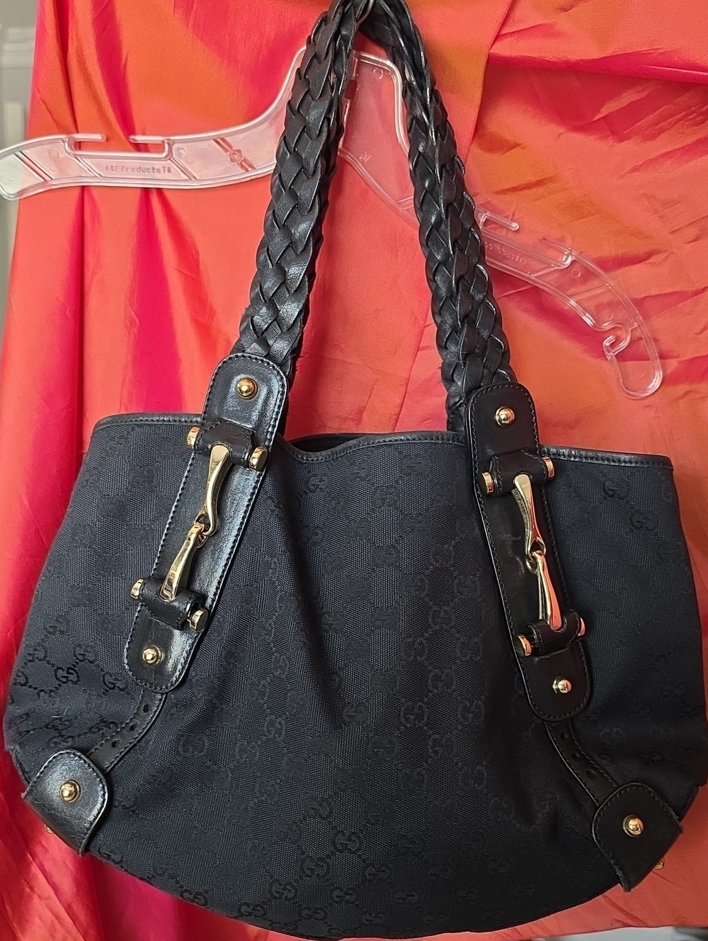 Gucci Black Braided-Handle Shoulder Tote with Gold Accents